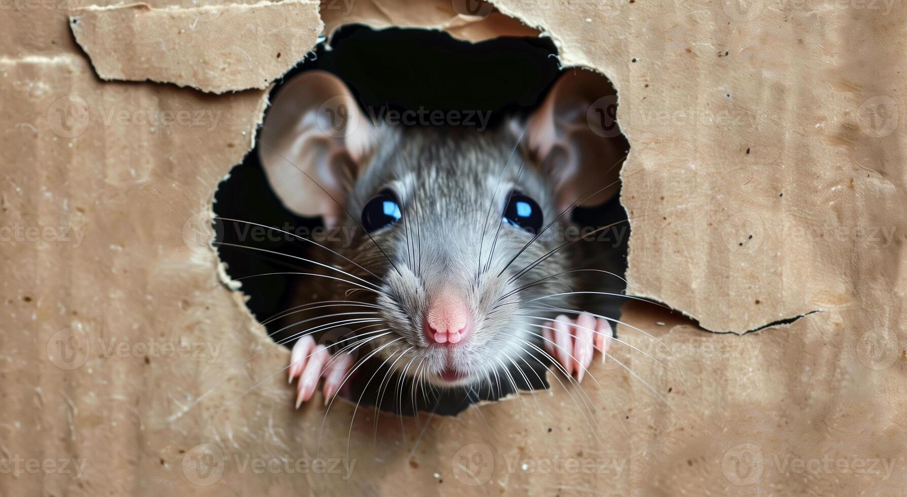Mouse Peeks Through Cardboard Hole With Whiskers And Pink Nose, High-Resolution Close-Up Animal Photography For Nature Enthusiasts And Educational Purposes, Depth Of Field Emphasis photo