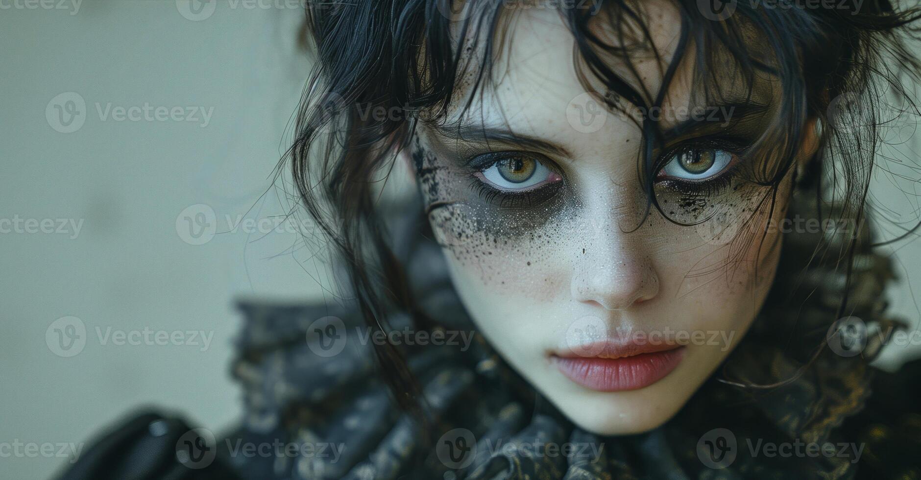 Gothic Portrait Featuring Dark Makeup, Intense Green Eyes, Dramatic Hair, and Victorian Collar, Suitable for Halloween Themes and Dramatic Artistic Concepts photo