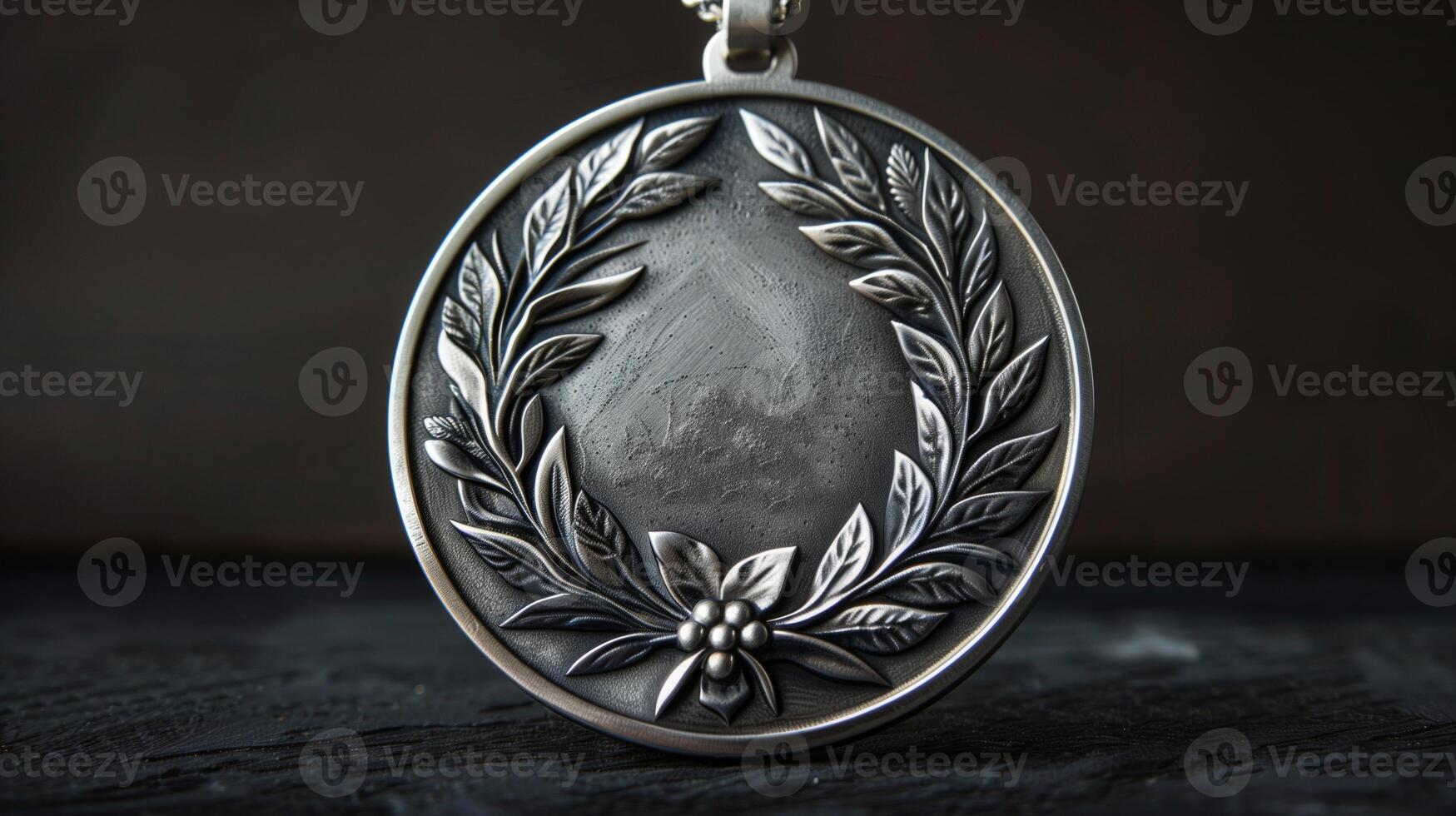 Elegant Silver Medal With Laurel Wreath Design, Close-Up Macro Shot, Award Symbol Of Achievement, Recognition, Excellence, Success, Engraved Floral Details, Dark Background photo