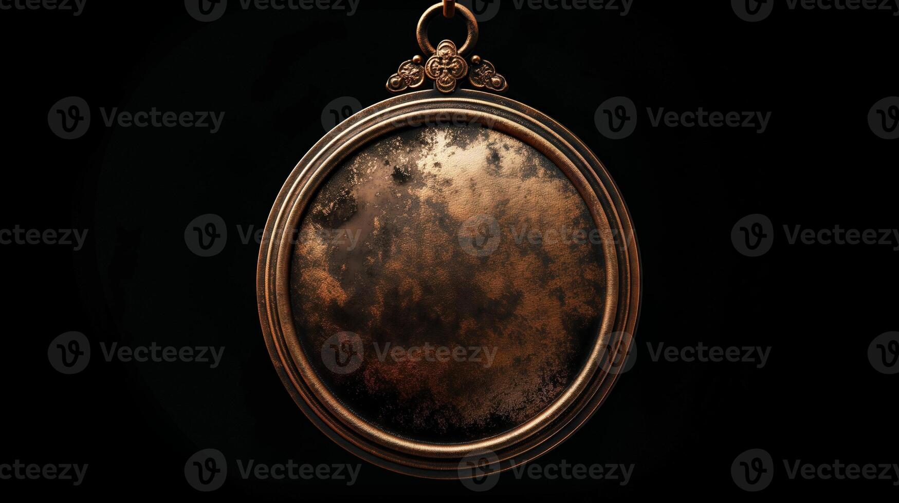 Antique bronze frame with copy space on a dark background. Close-up studio shot with copy space. Vintage and heritage concept for design and print. photo