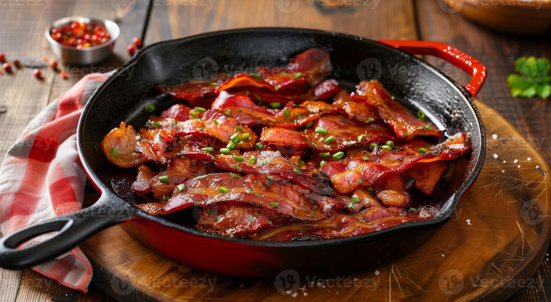 Sizzling Bacon Strips in Cast Iron Skillet with Herbs and Seasoning on Rustic Wooden Table, Perfect for Breakfast, Brunch, or Gourmet Cooking Enthusiasts photo