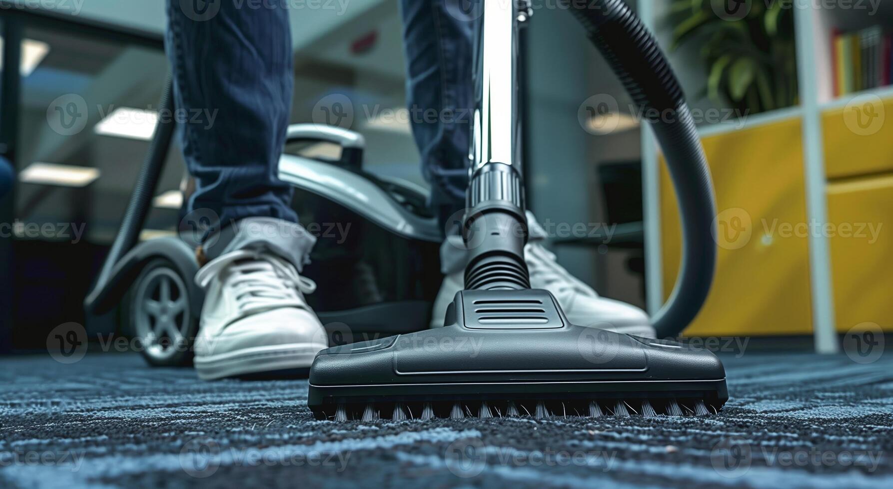 Office Carpet Cleaning Scene with Vacuum Cleaner and Person in Sneakers, Modern Workspace Concept, Close-Up View photo
