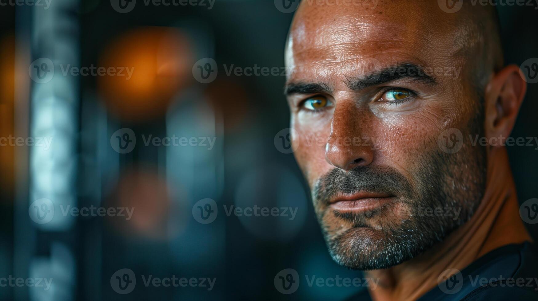 Intense Portrait of a Bald Man with Piercing Gaze, Dramatic Lighting, and Dark Background, Perfect for Psychological Thrillers and Character Studies photo