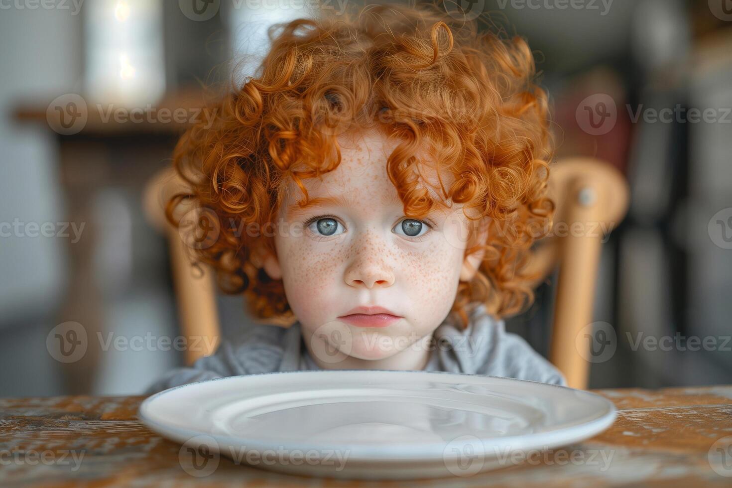 Hungry Child Concept Empty Plate, Awaiting Meal in Home Setting with Warm Tones photo
