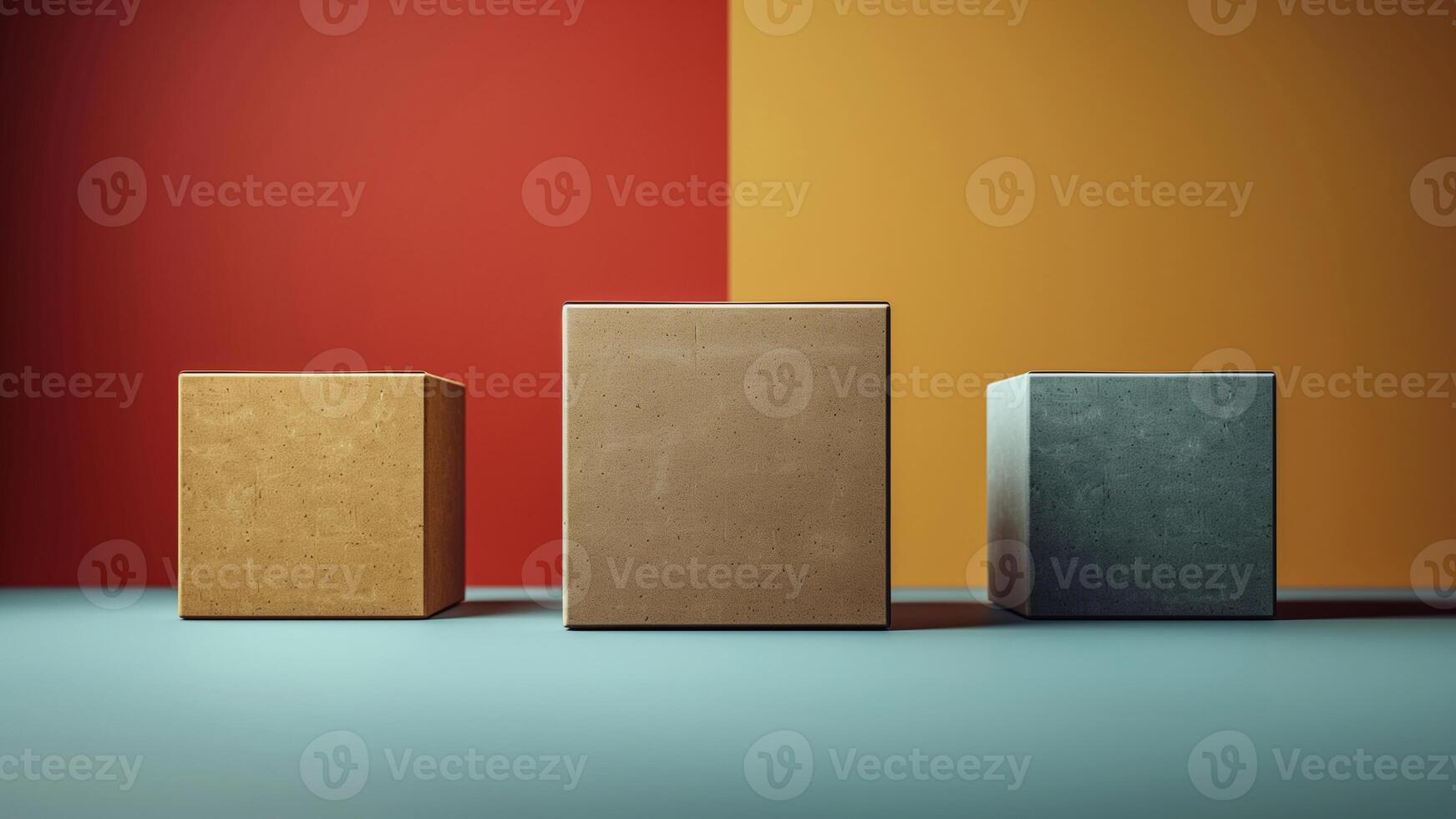 Modern Geometric Cubes Against Bold Colorful Background With Minimalist Design, Red, Yellow, Blue, Abstract Art, Contemporary Style, Clean Lines, Sophisticated Aesthetic, Artistic Presentation photo