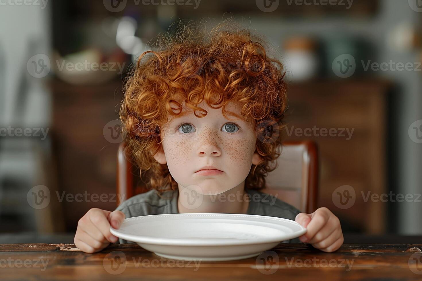 Adorable Redheaded Child with Freckles Holding Empty Plate, Waiting for Food in Rustic Kitchen Setting with Warm Lighting, Childhood Innocence, Homey Atmosphere photo
