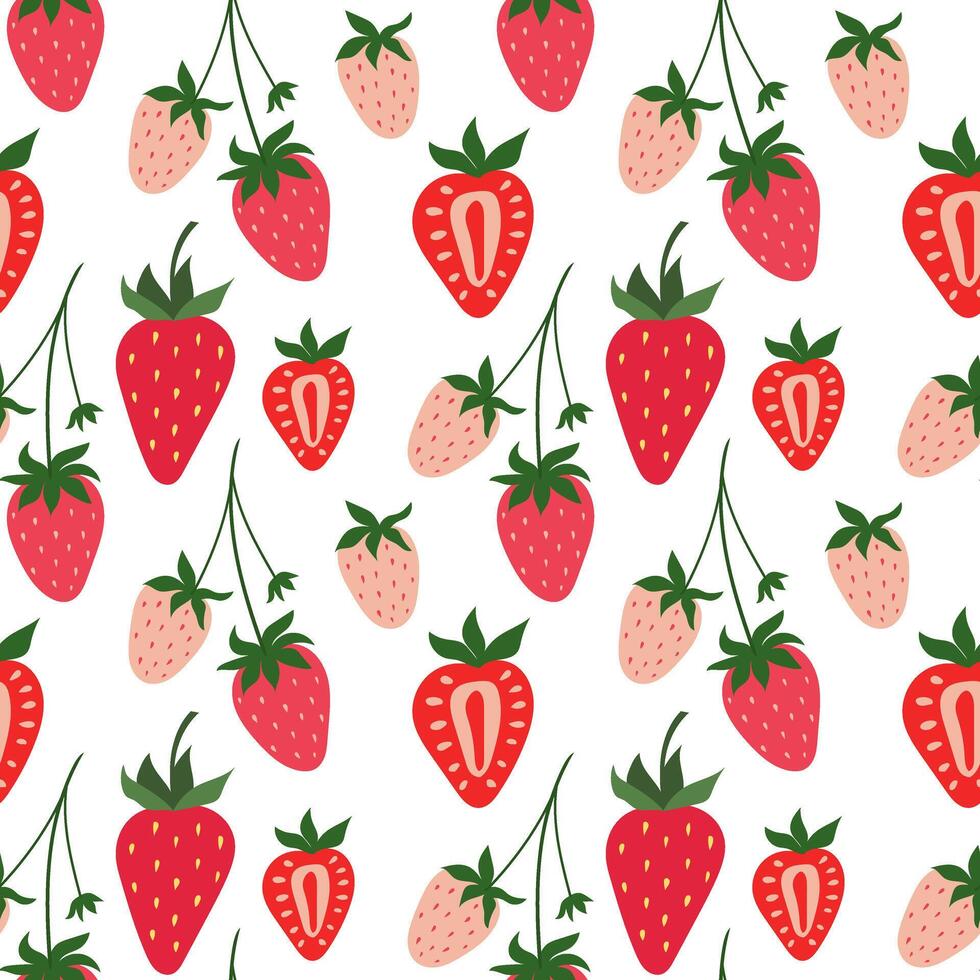 Strawberry seamless hand drawn pattern. Red and Pink Berry background with green leaves. vector