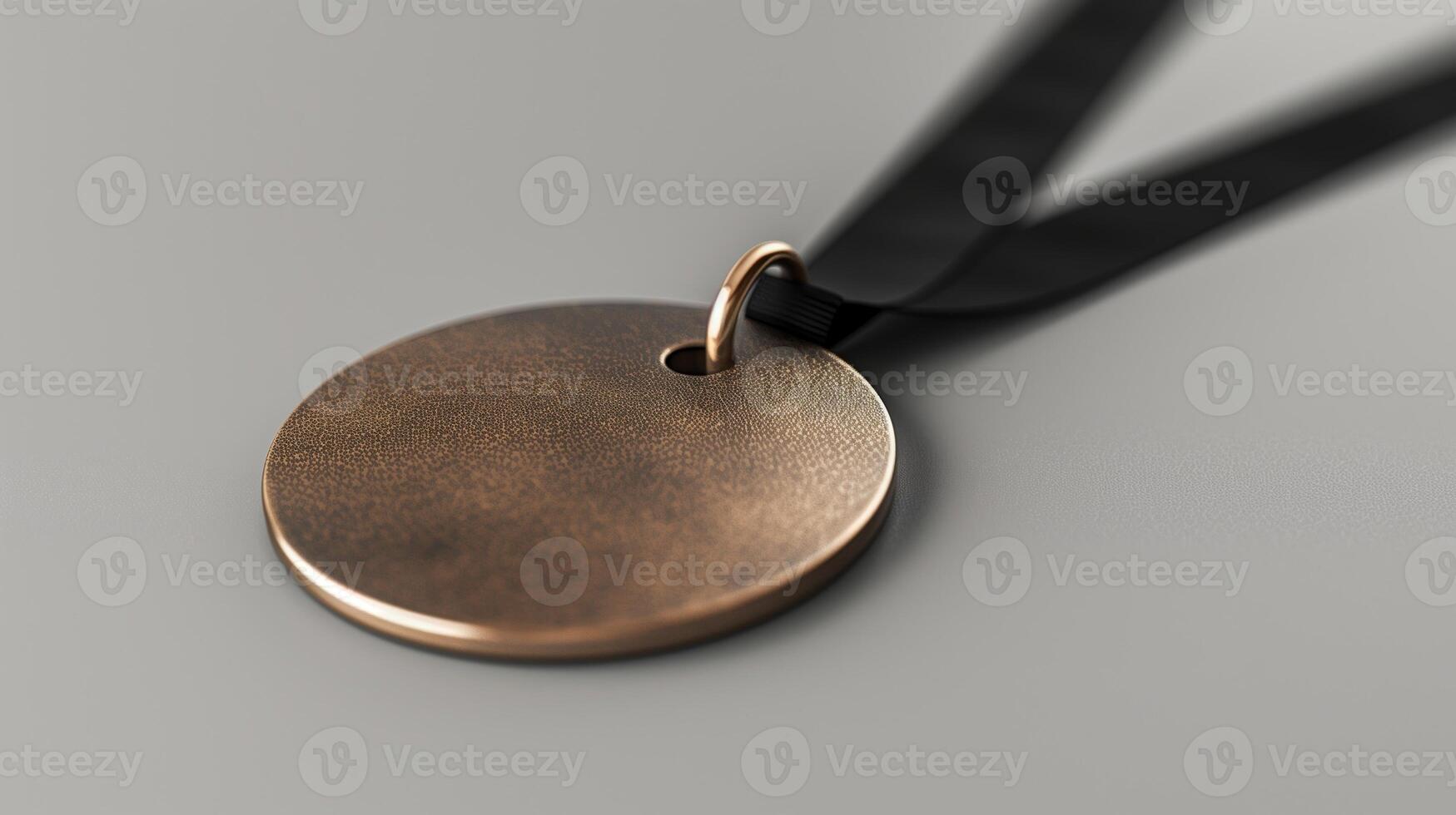 Bronze Medal With Black Ribbon On Gray Background, Honoring Achievement, Recognition In Sports And Competitions, Detailed Texture, Perfect For Award Ceremonies, Commemorative Events photo