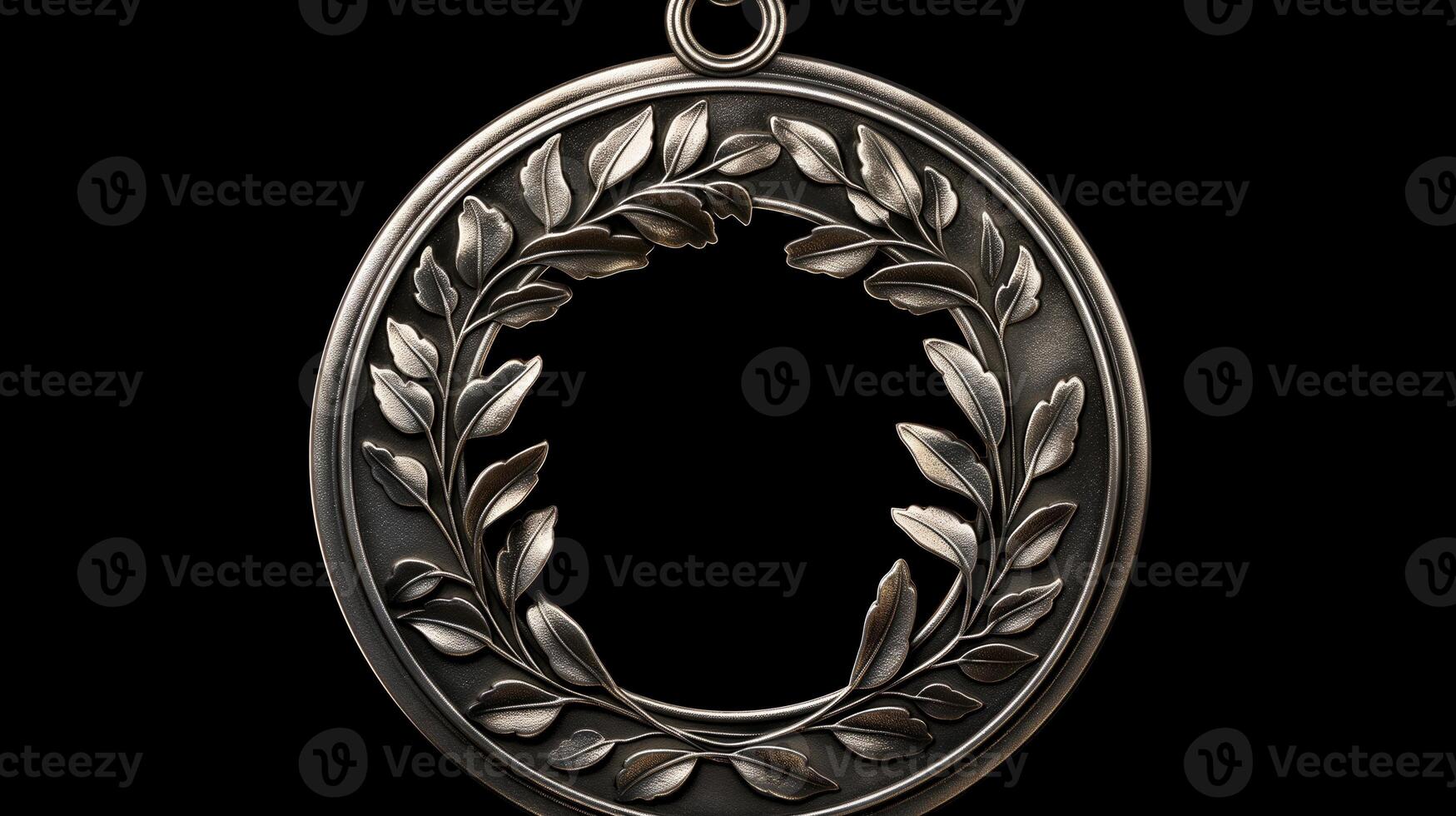 Ornate Silver Medal with Laurel Wreath, Copy Space, Mockup Detailed Metalwork, Blank Center for Customization, Award Recognition, Victory Symbol, Elegant Design, Isolated on Black Background photo