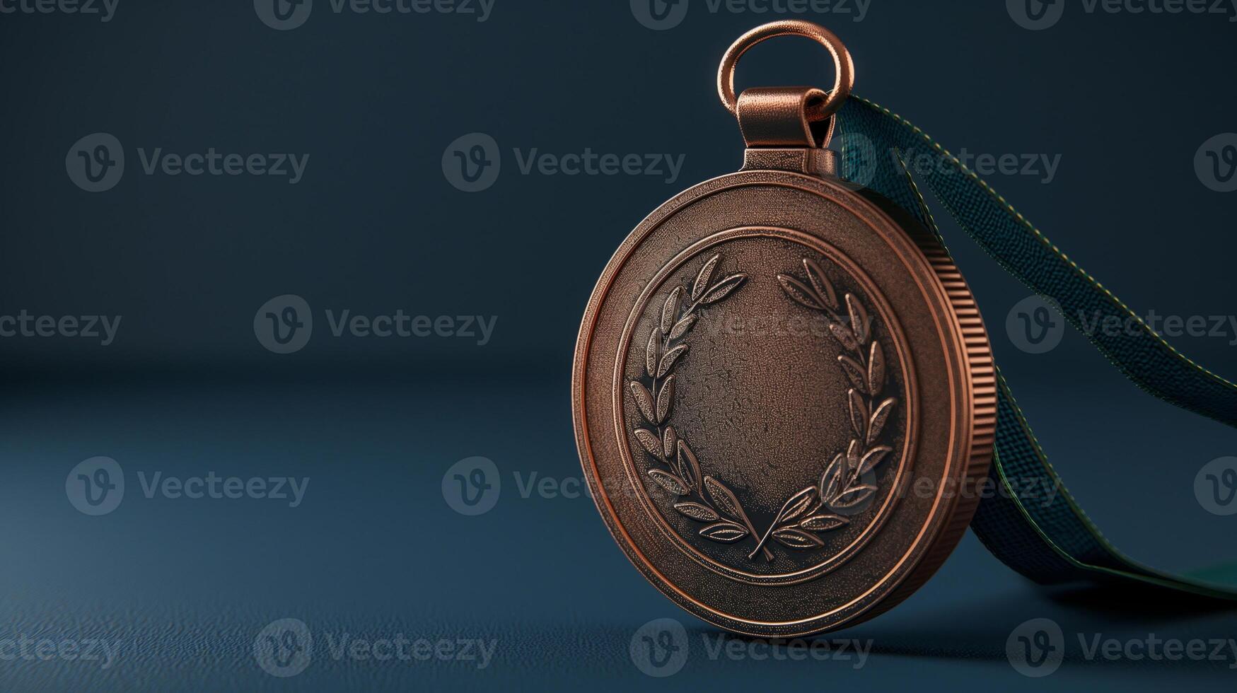Bronze Medal On Dark Blue Background With Green Ribbon, High-Resolution Image Of Award Symbolizing Achievement, Victory, Sports Excellence, And Honor In Athletic Competitions photo