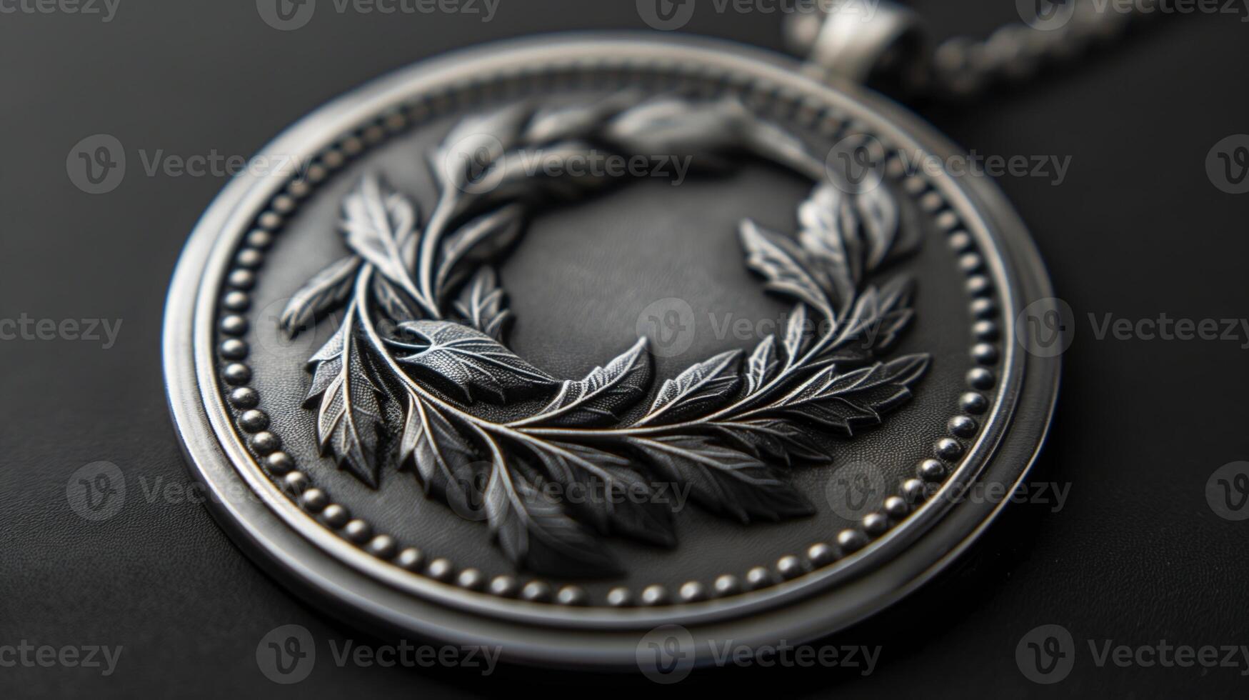 Silver Medal with Intricate Leaf Design on Black Background, Awards, Achievements, and Honors photo