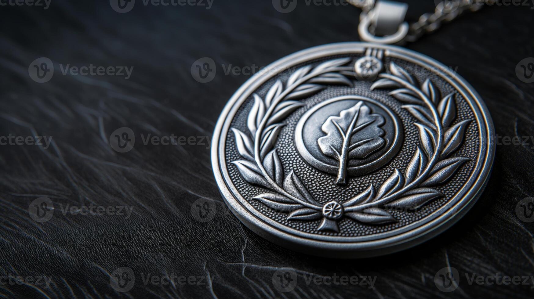Elegant Silver Medal on Black Texture Background Featuring Oak Leaf And Laurel Design in Close-Up Detail photo