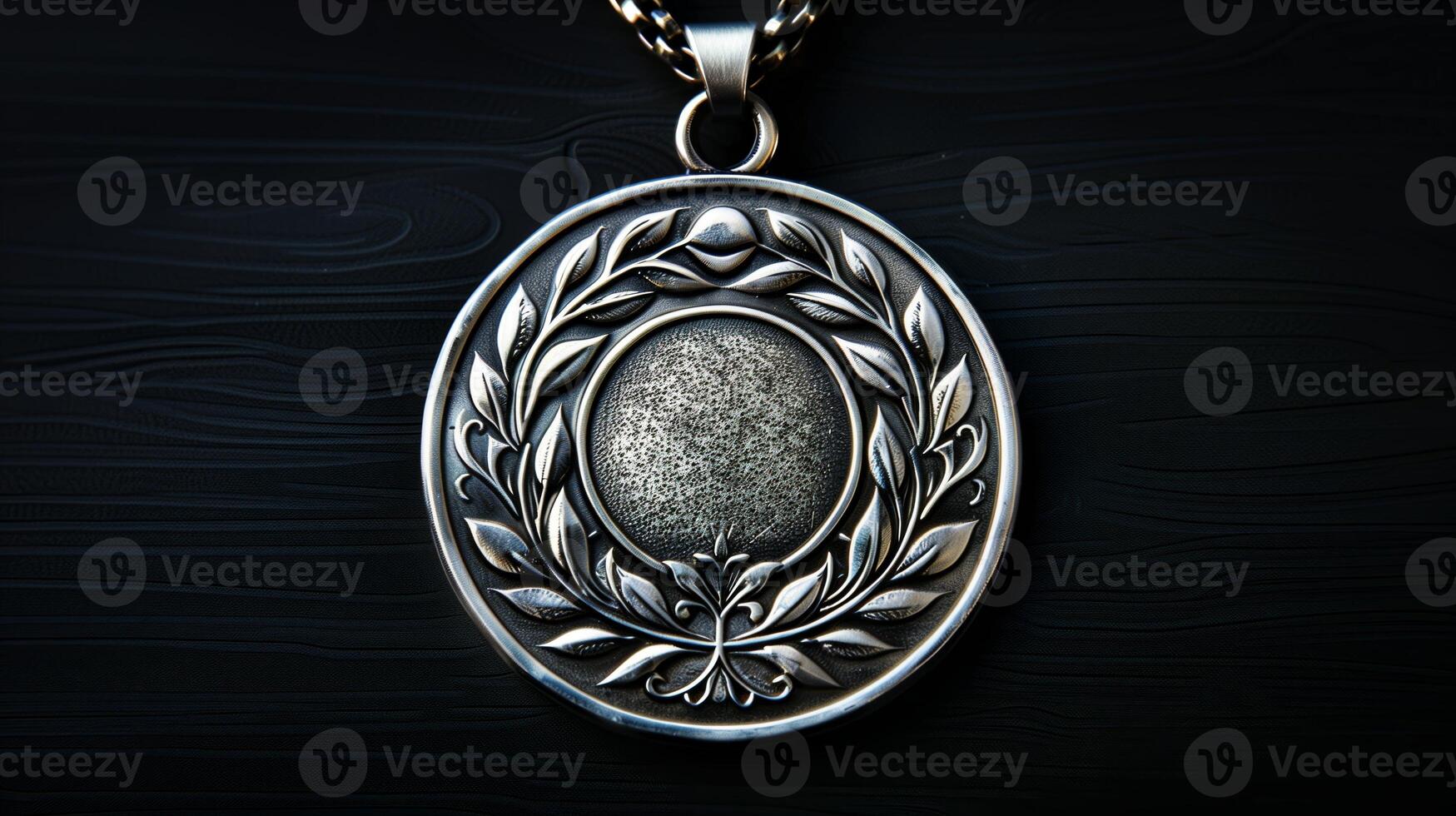Antique Silver Medal with Intricate Laurel Wreath Design on Dark Textured Background, Greek Roman Style Award for Competitions and Achievements, Elegant Jewelry Piece, Historical Emblem photo