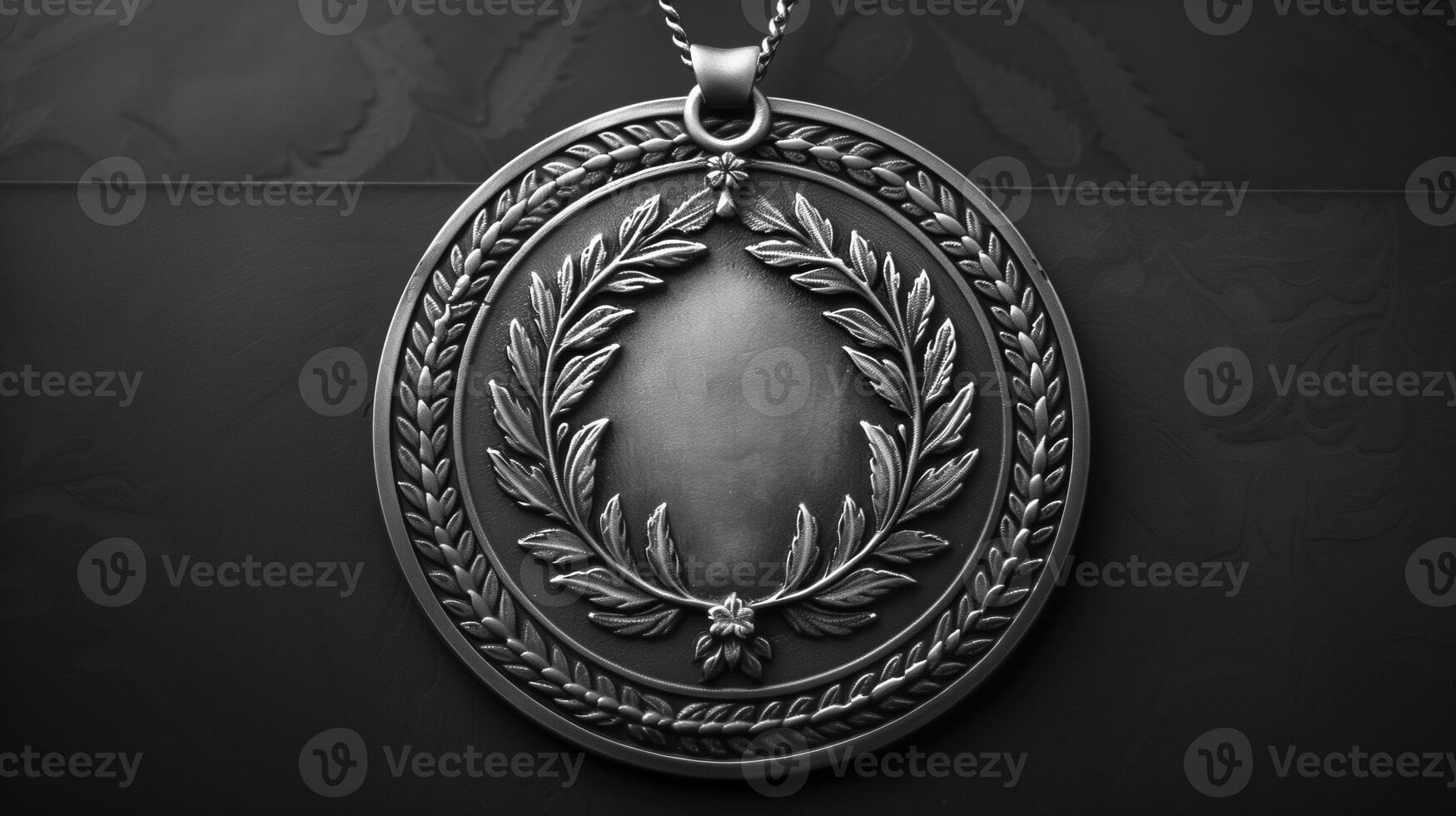 Elegant Silver Medal with Ornate Laurel Wreath Design on Chain Necklace, Elevated View, Low-Key Lighting, Symbolizing Achievement, Excellence, and Victory in Competitive Events photo