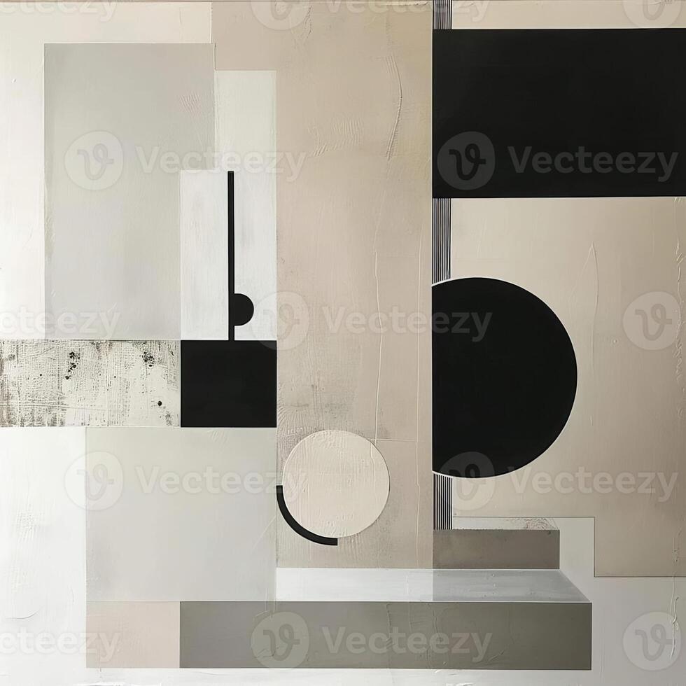 Abstract minimalist painting featuring geometric shapes and a monochromatic palette photo