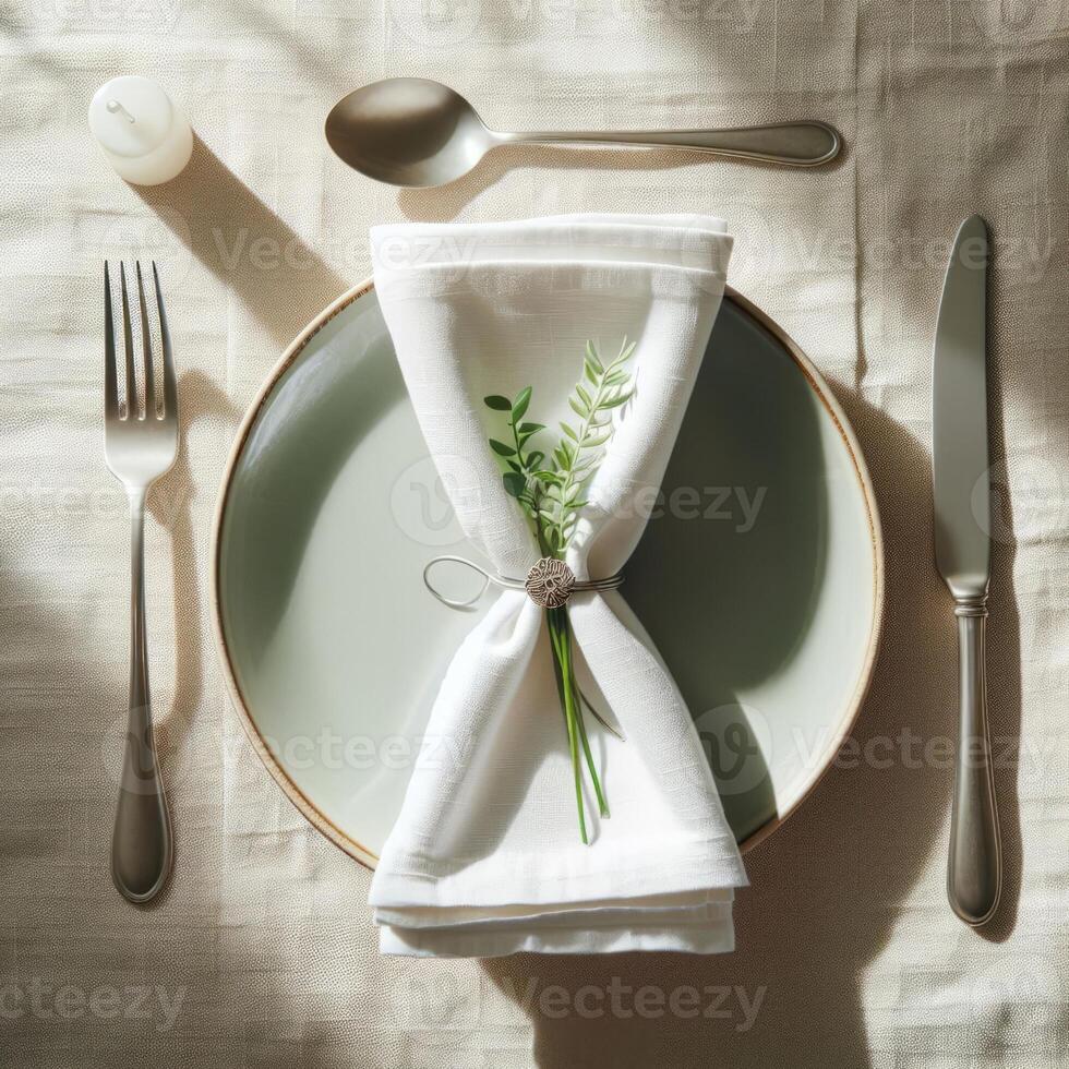 Elegant table setting with green plate and white linen napkin tied with string and flower decorated for festive dinner photo