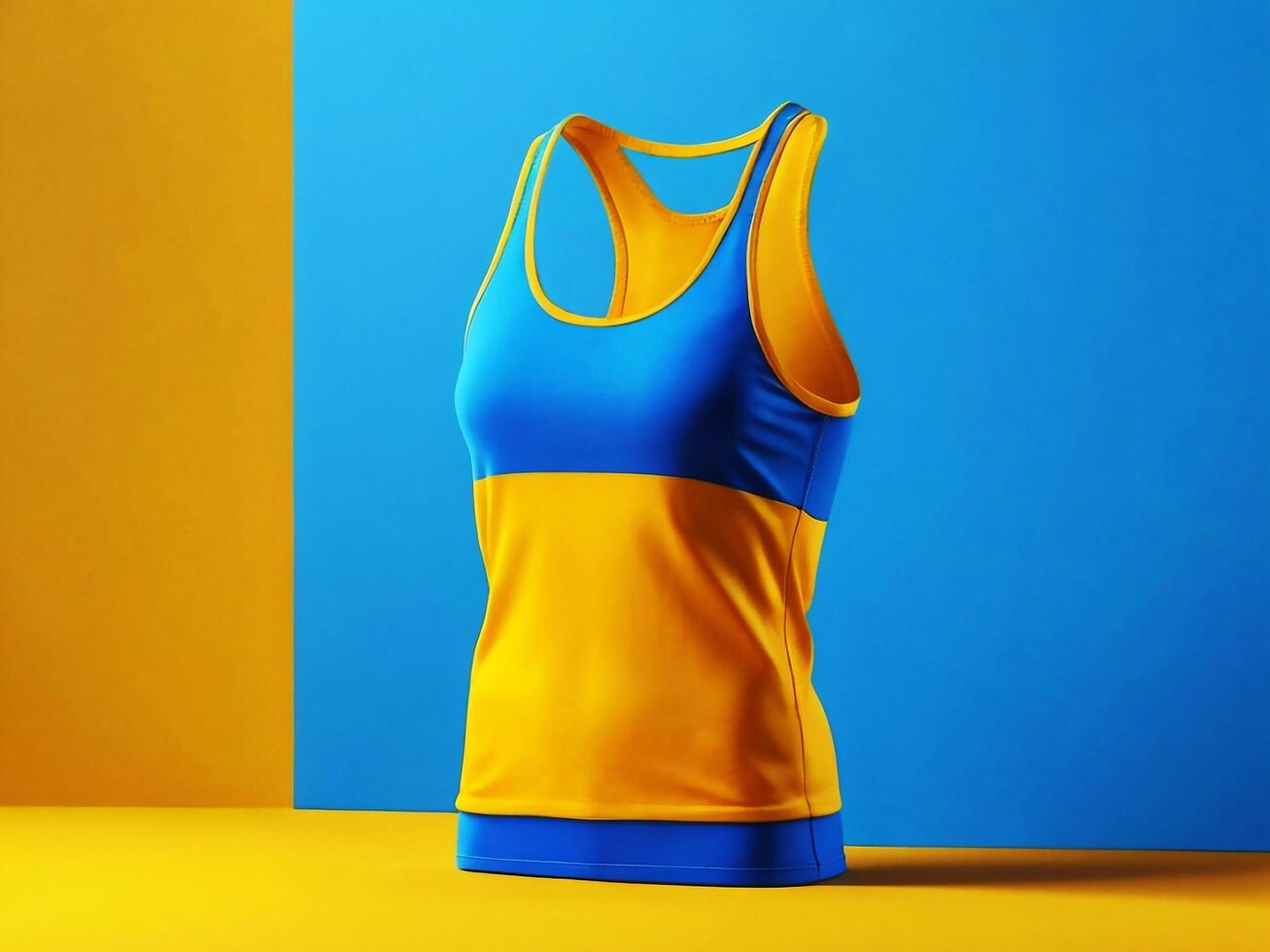 3D Mockup Featuring a Hanging Yellow Tank Top on a Blue Realistic Background photo
