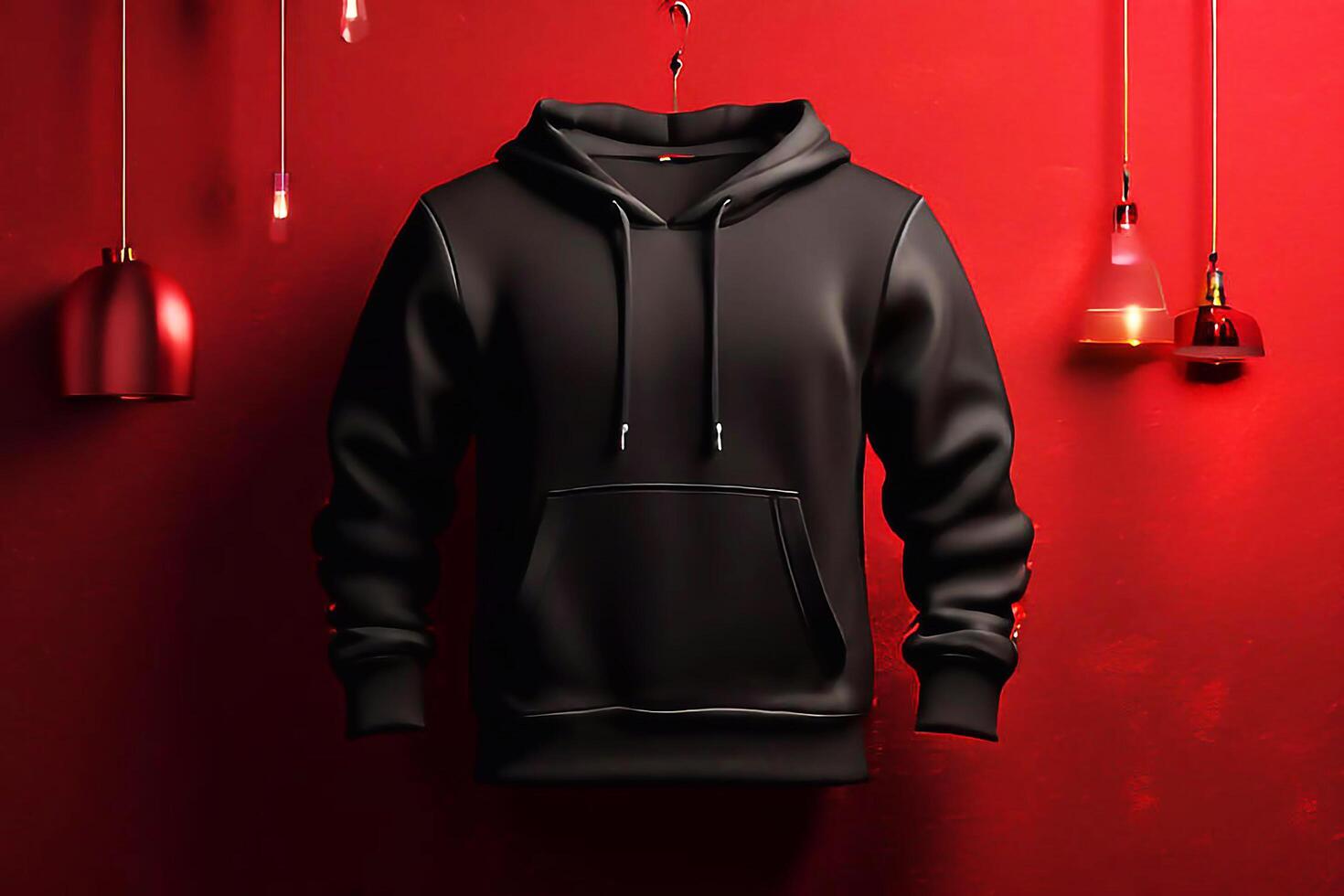3D Mockup Displaying a Hanging Black Hoodie Against a Realistic Background photo