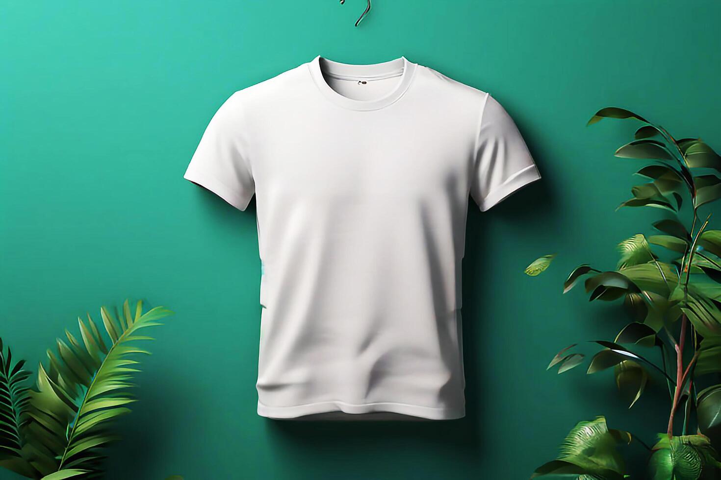 3D Mockup Displaying a Hanging T shirt Against a Realistic Background photo