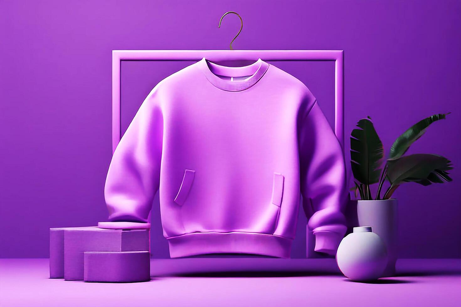 3D Mockup Showcasing a Hanging Purple Sweatshirt Against a Pink Realistic Background photo