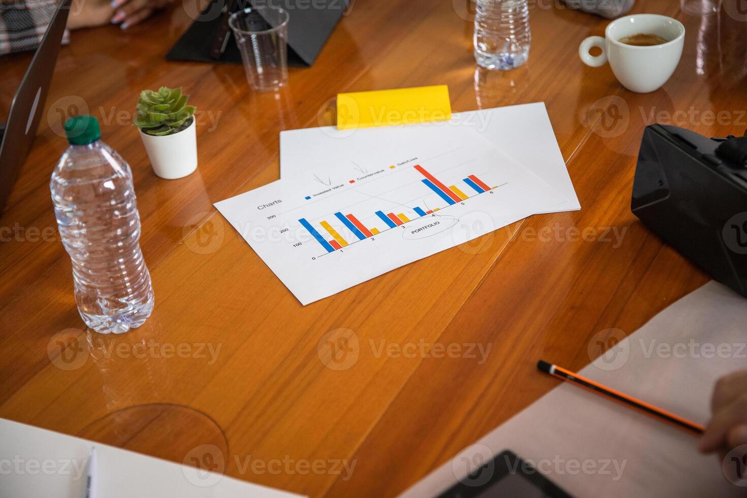 Charts about economy analyzed during a meeting, photo with copy space