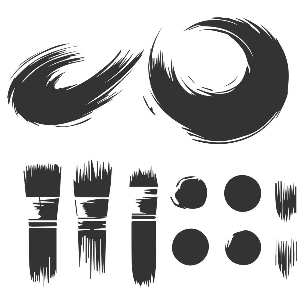 Black Paint brush stroke, ink splatter and artistic design elements. Dirty watercolor texture, box, frame, grunge background, splash or creative shape for social media. Abstract drawing. vector