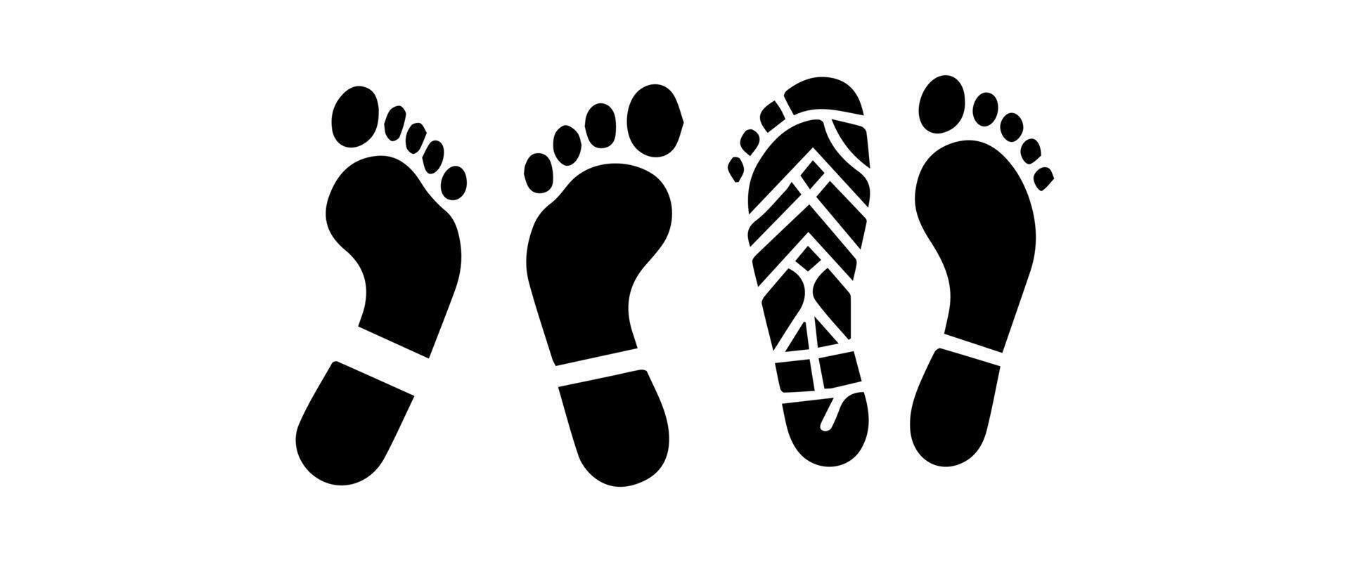 Different human footprints. Imprint soles shoes silhouette. Flat style collection. vector