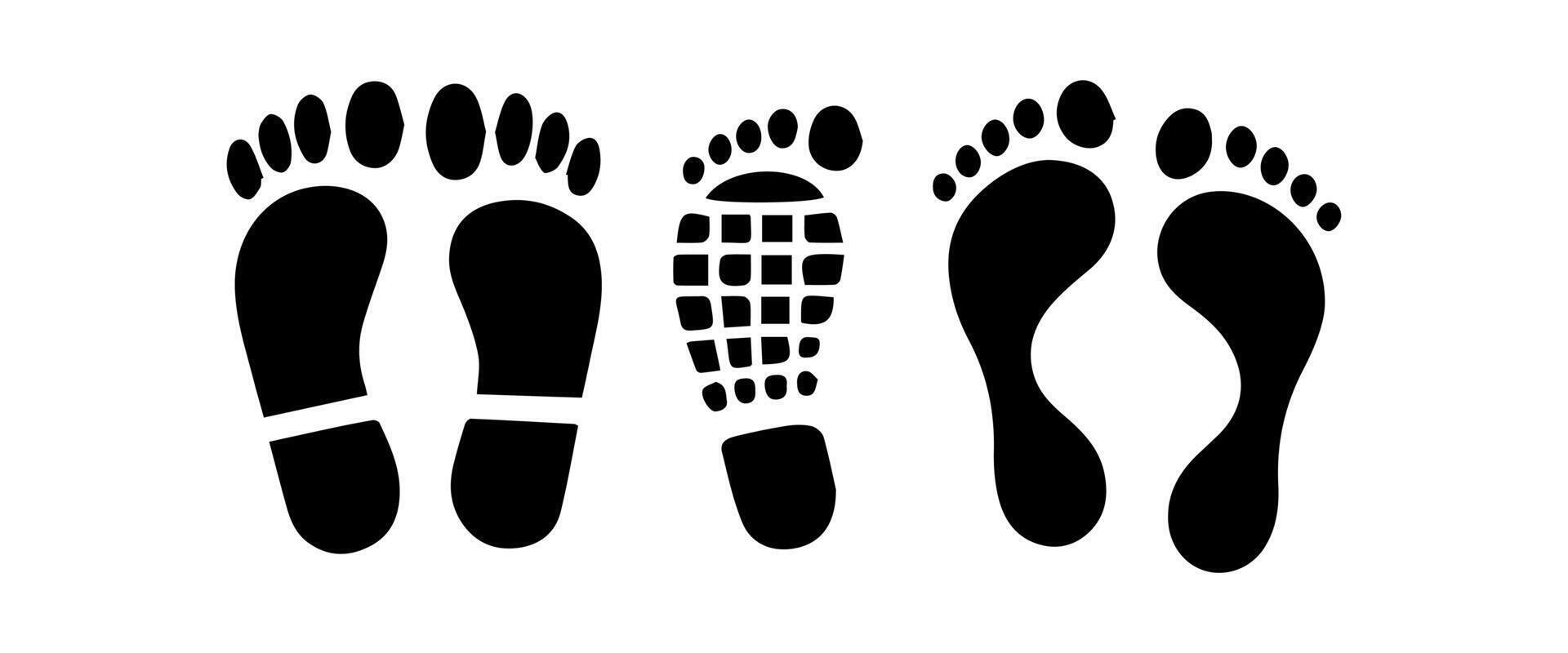 Different human footprints. Imprint soles shoes silhouette. Flat style collection. vector