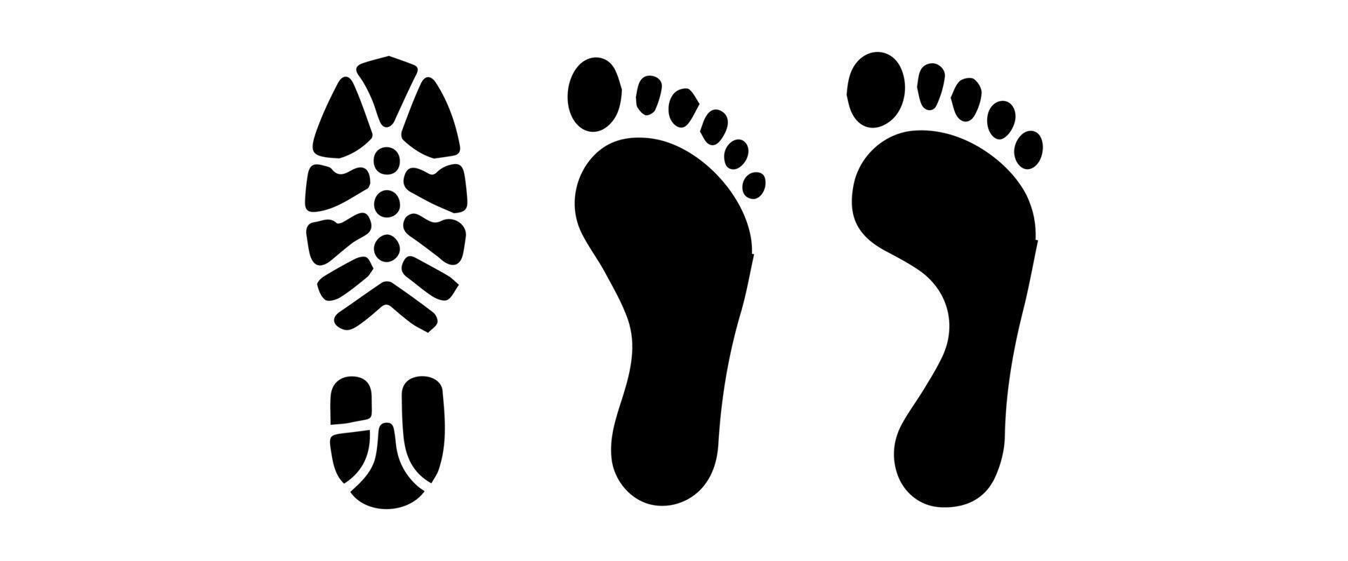 Different human footprints. Imprint soles shoes silhouette. Flat style collection. vector