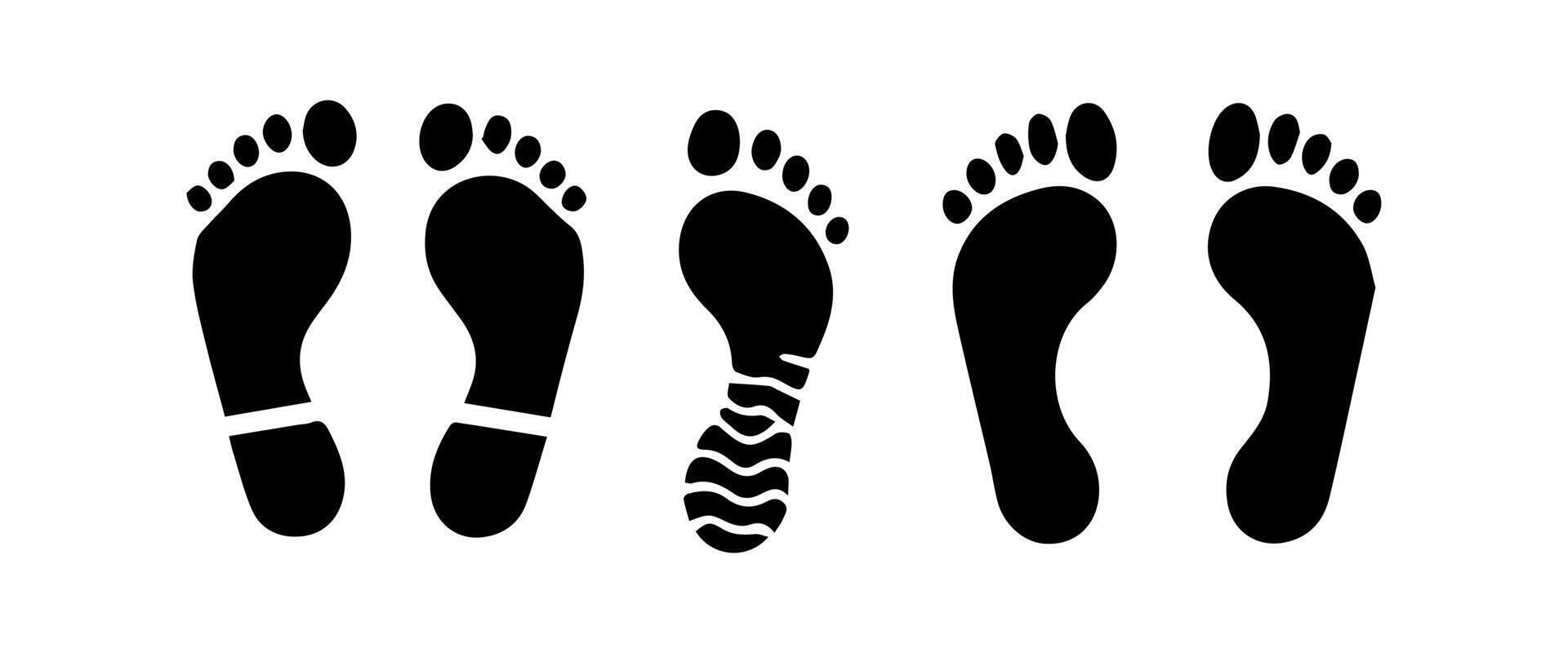 Different human footprints. Imprint soles shoes silhouette. Flat style collection. vector