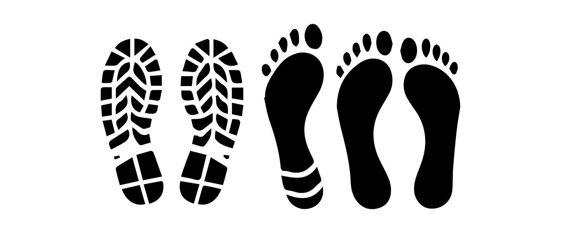 Different human footprints. Imprint soles shoes silhouette. Flat style collection. vector