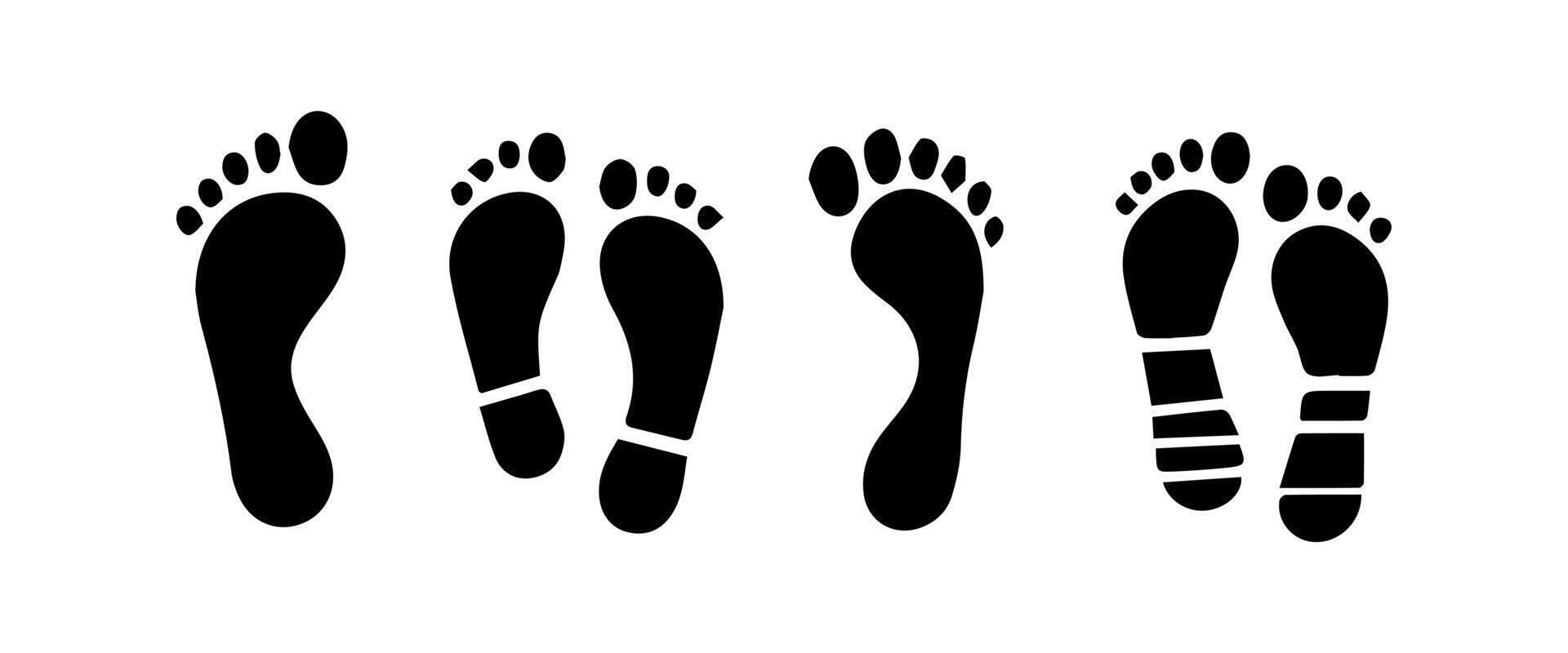 Different human footprints. Imprint soles shoes silhouette. Flat style collection. vector