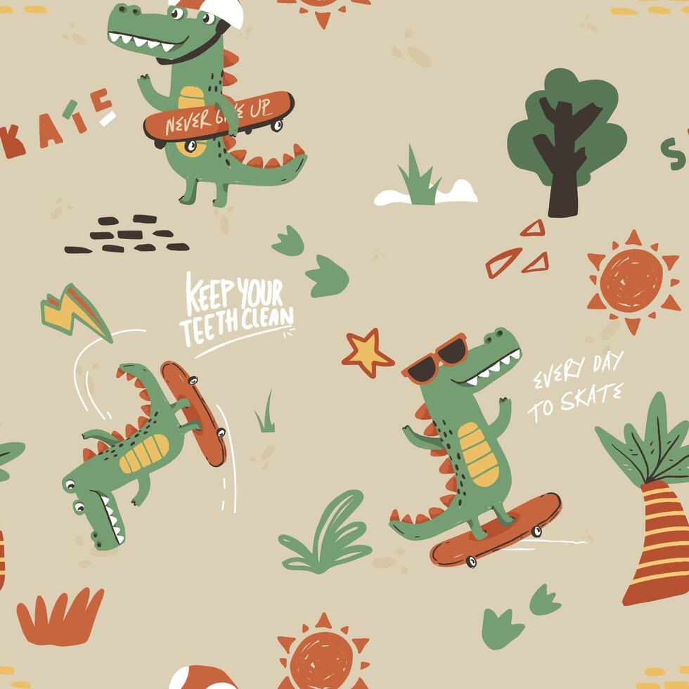 A illustration pattern of a crocodile playing skateboard vector
