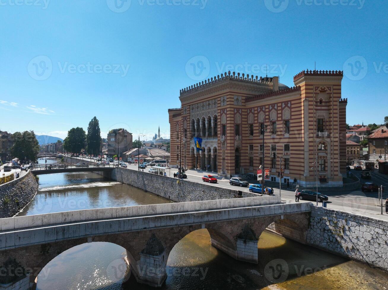 National library of Sarajevo, aerial drone view of the historical old town hall photo