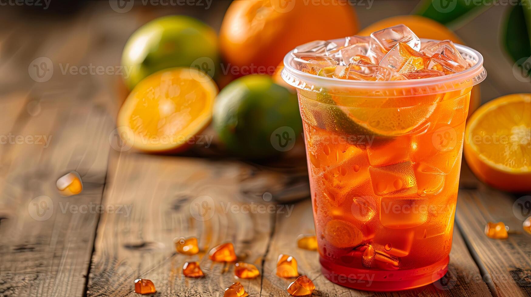 plastic cup of red tea with ice sits on a wooden table photo