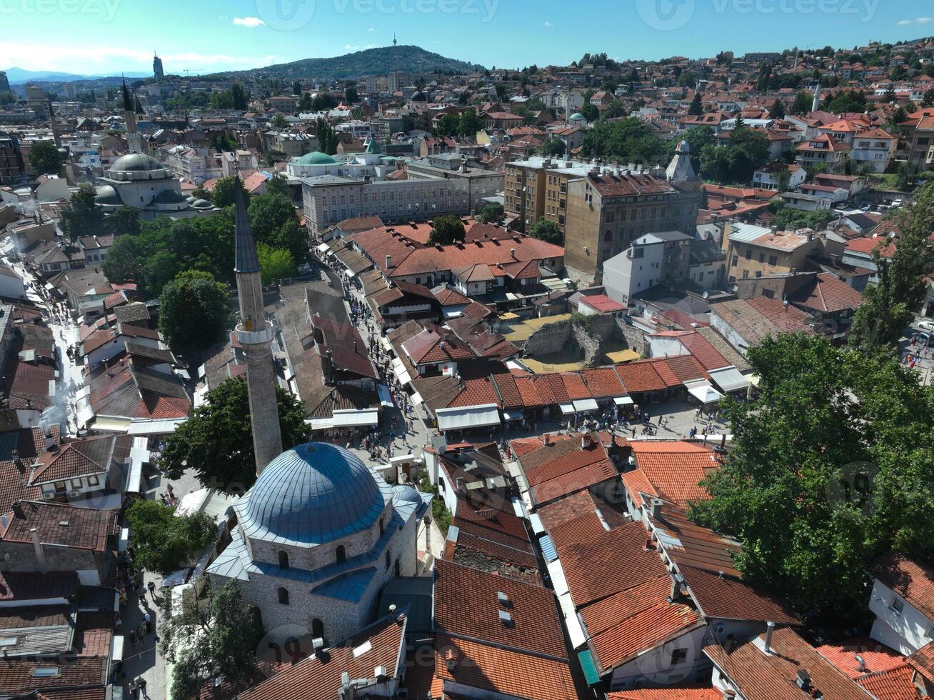 National library of Sarajevo, aerial drone view of the historical old town hall photo