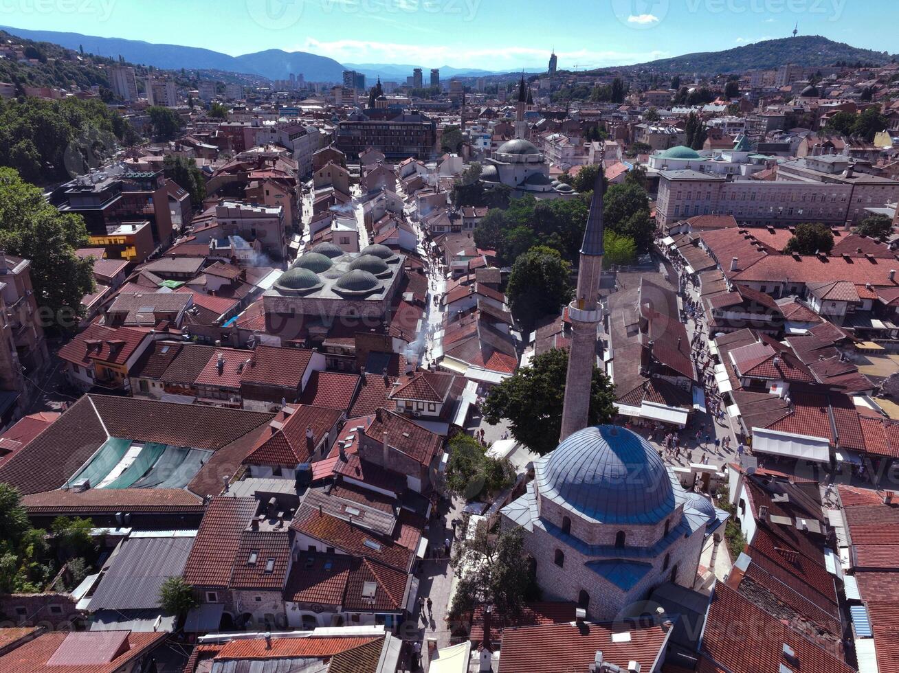 National library of Sarajevo, aerial drone view of the historical old town hall photo