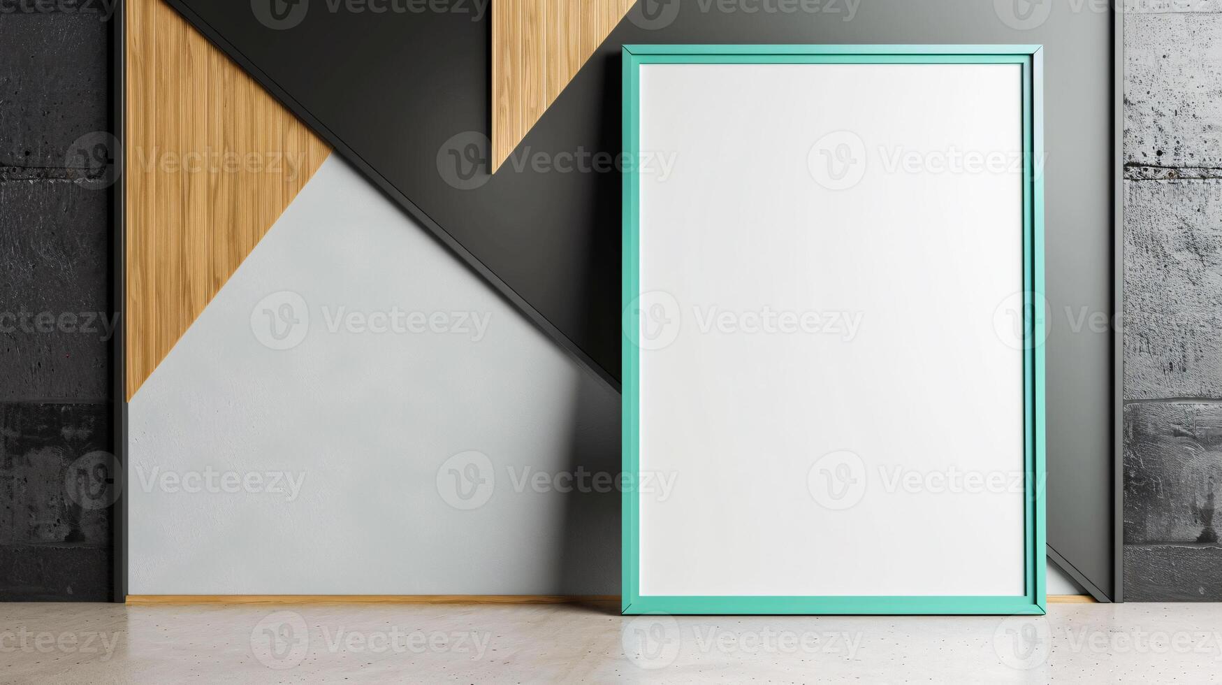 Blank photo frame mockup leaning on office wall for artwork placement