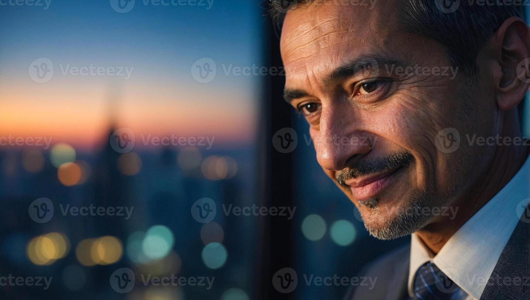 Smiling businessman looking out window with city lights outside photo