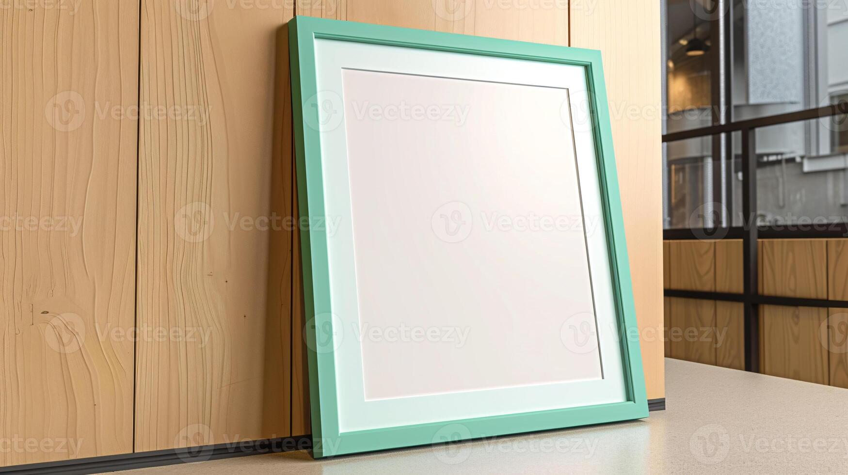 Photo frame mockup leaning on office wall for artwork placement