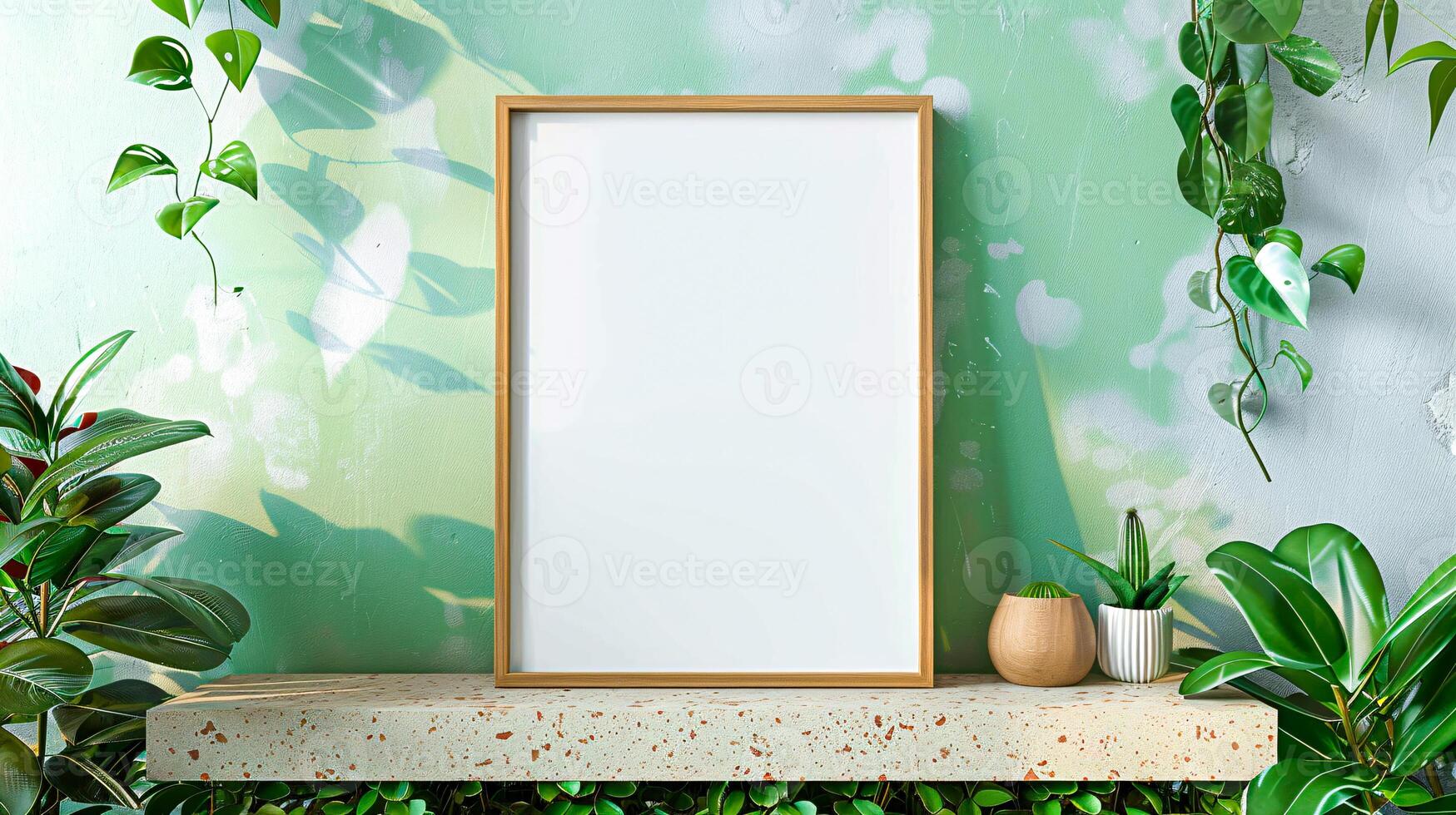 Poster frame mockup on top of terrazzo shelf for branding and marketing photo