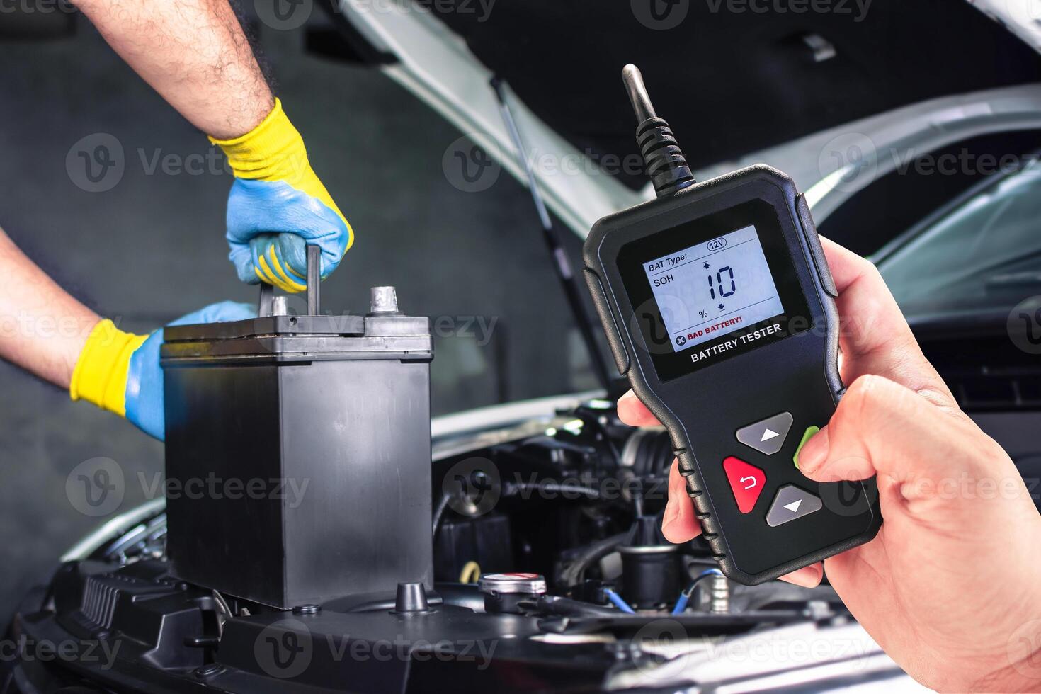 Car battery testing with battery tester , SOH State of health battery condition is bad , Car maintenance concept photo