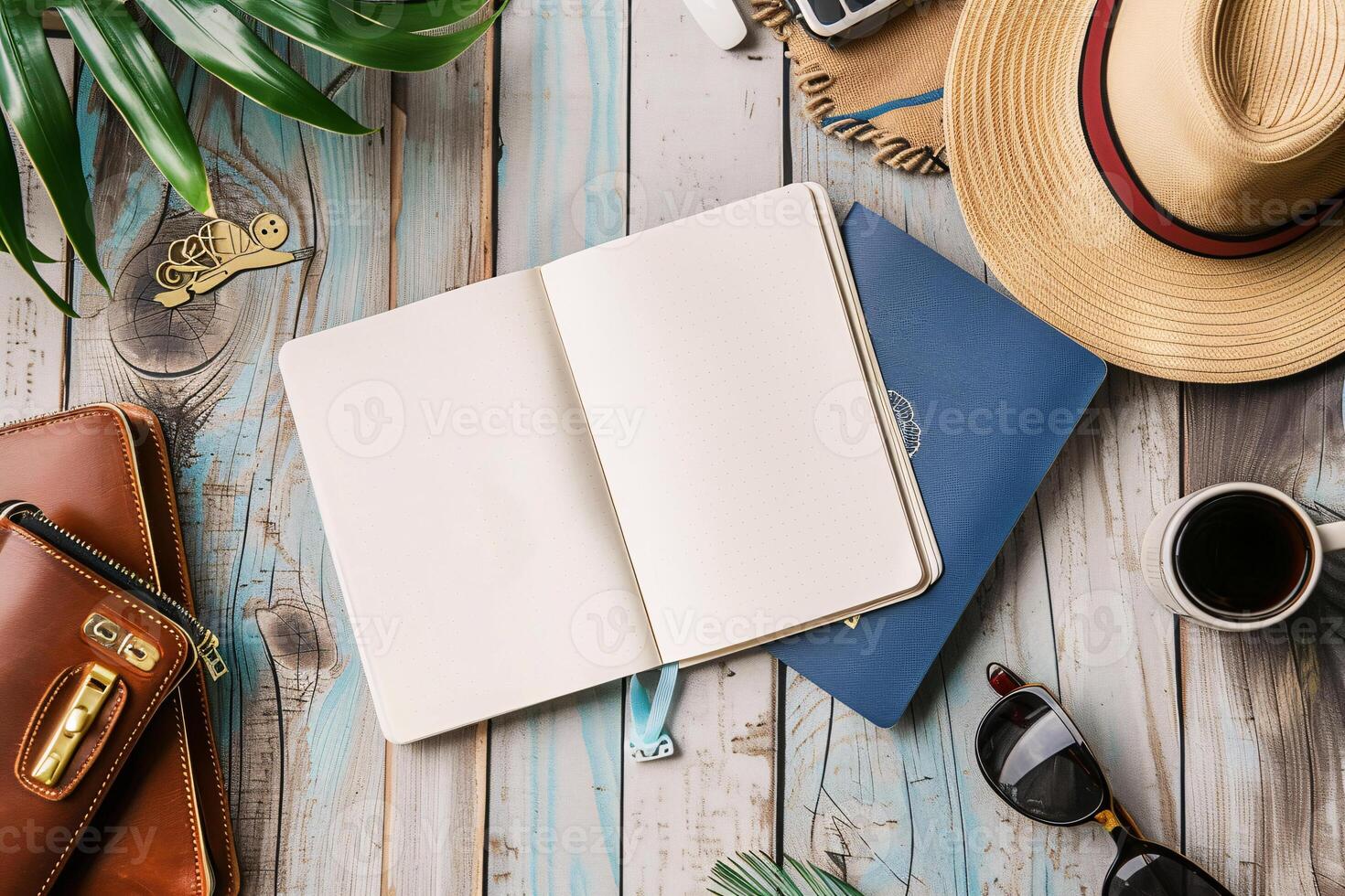 Top view of a blank open notebook, passport, and various tourist accessories arranged on the table, Generated AI photo