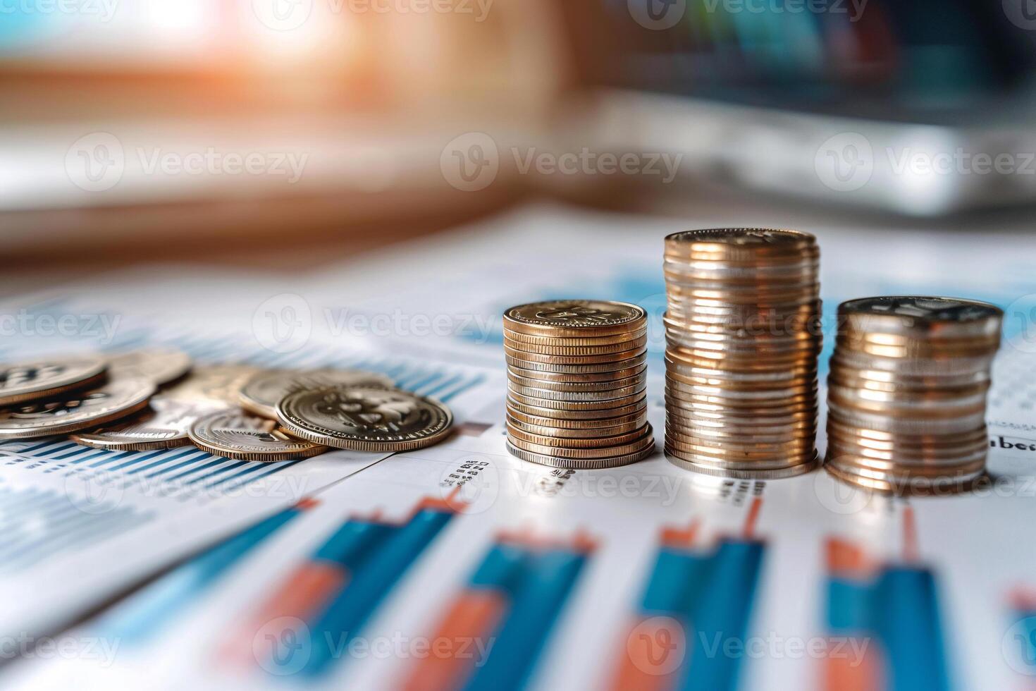 A rising graph chart displayed alongside a stack of coins, symbolizing business growth, Generated AI photo