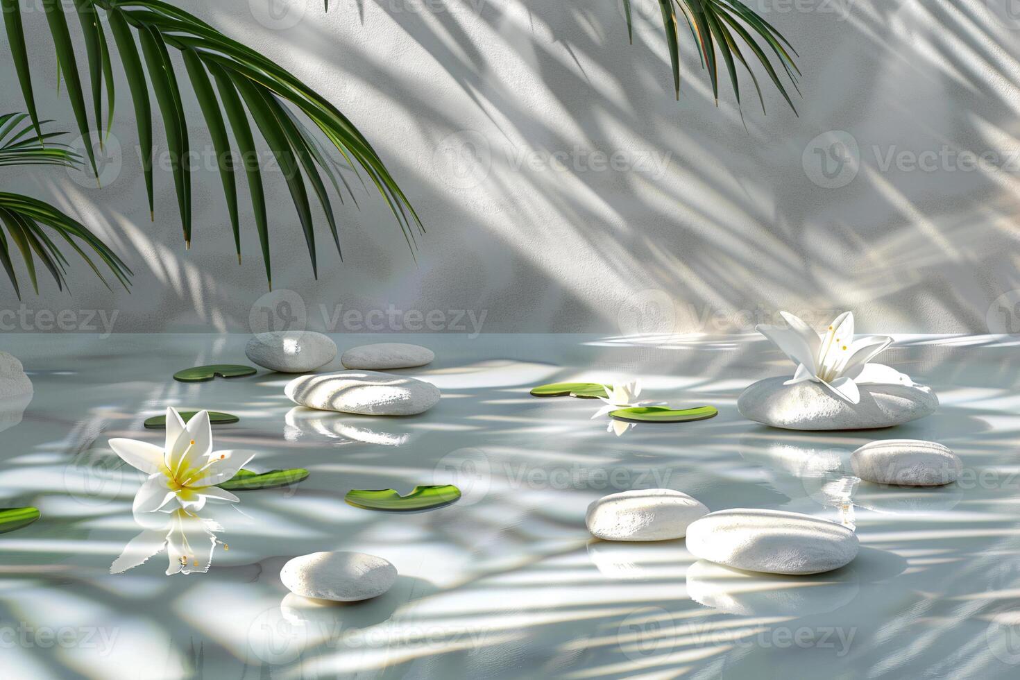 Spa setting with white stones, lily flowers, and sun shadows, forming a serene background on a transparent backdrop, Generated AI photo