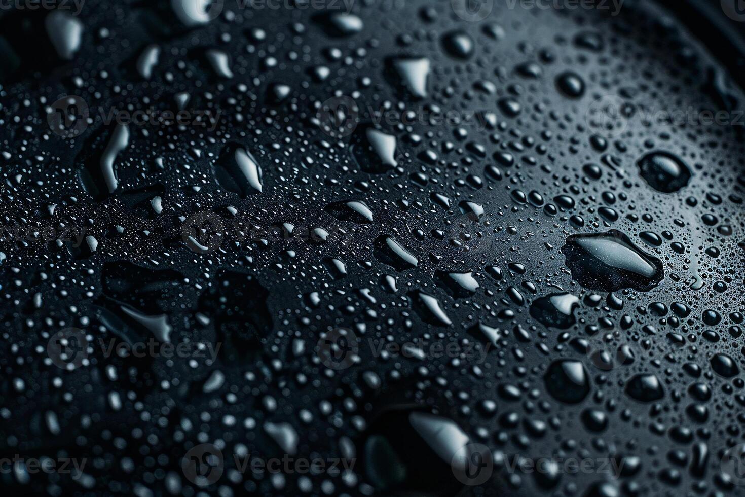 Free space view Black water drops condensate surface, abstract background with bright bubbles, Generated AI photo