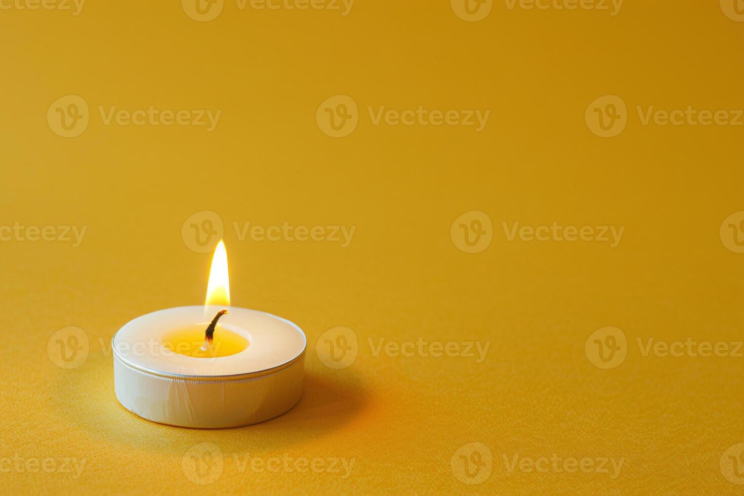 Yellow background featuring a lit thin white wax candle, symbolizing funeral grief, Generated AI photo