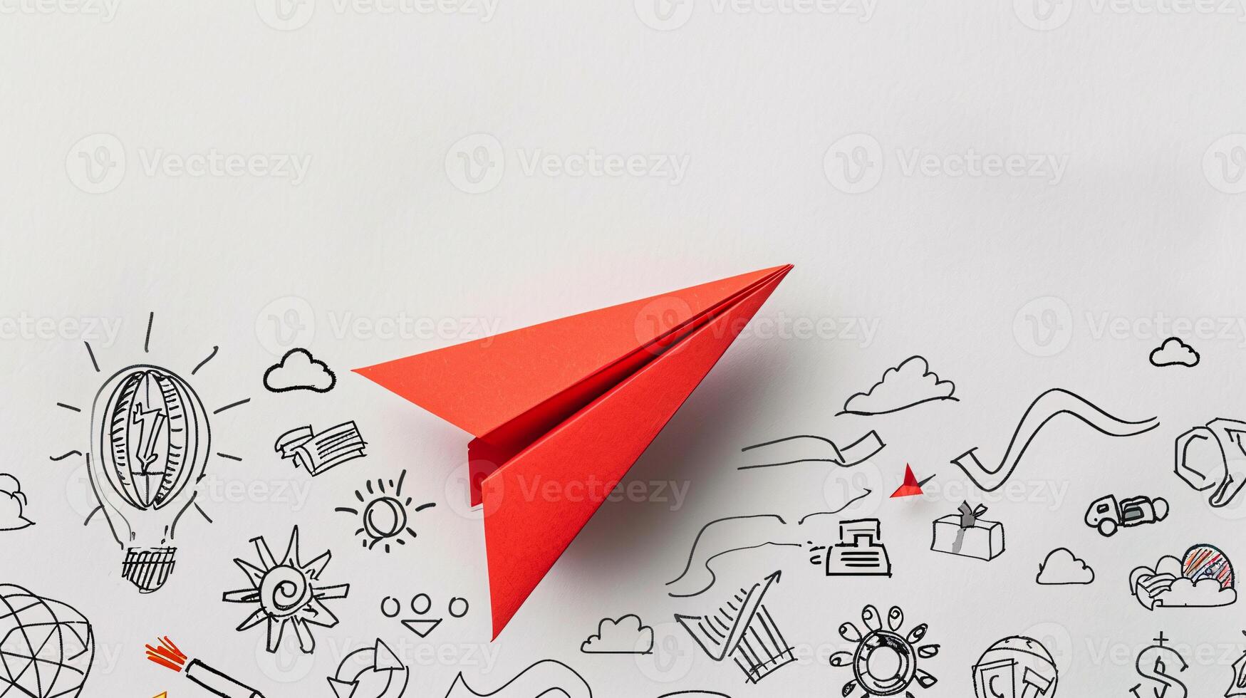 red paper airplane soaring amidst doodle icons of ideas money, Generated AI photo
