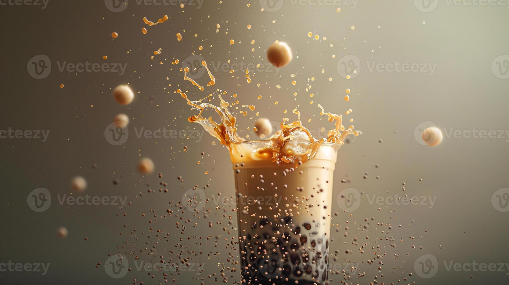 Artistic design featuring a splash of bubble tea with pearls flying around, dynamic movement, Generated AI photo