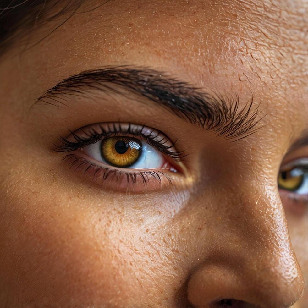 close up of a female eye, yellowish brown color photo